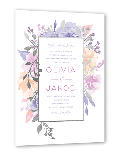Delicate Blooms Wedding Invitation, Silver Foil, White, 5x7, Luxe Double-Thick Cardstock, Square