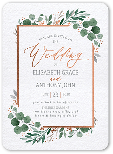 Brushed Botanicals Wedding Invitation, White, Rose Gold Foil, 5x7 Flat, Matte, Signature Smooth Cardstock, Rounded