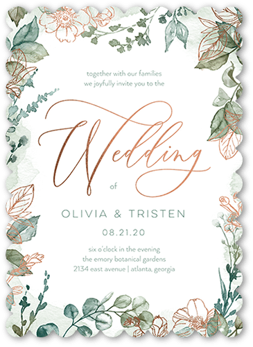 Gleaming Garden Wedding Invitation, Rose Gold Foil, Green, 5x7, Pearl Shimmer Cardstock, Scallop
