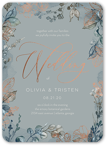Gleaming Garden Wedding Invitation, Grey, Rose Gold Foil, 5x7 Flat, Pearl Shimmer Cardstock, Rounded