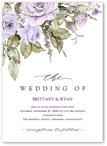 Rose Bouquet Wedding Invitation, Purple, 5x7 Flat, Luxe Double-Thick Cardstock, Square