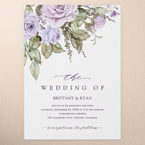 Rose Bouquet Wedding Invitation, Purple, 5x7 Flat, Pearl Shimmer Cardstock, Square