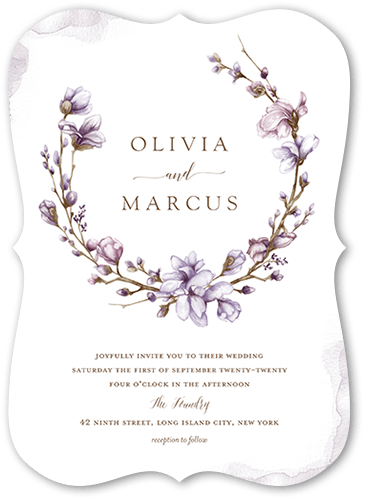 Blossoms of Love Wedding Invitation, Purple, 5x7 Flat, Matte, Signature Smooth Cardstock, Bracket