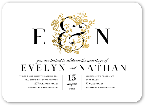 illuminated Bough Wedding Invitation, White, Gold Foil, 5x7 Flat, Matte, Signature Smooth Cardstock, Rounded