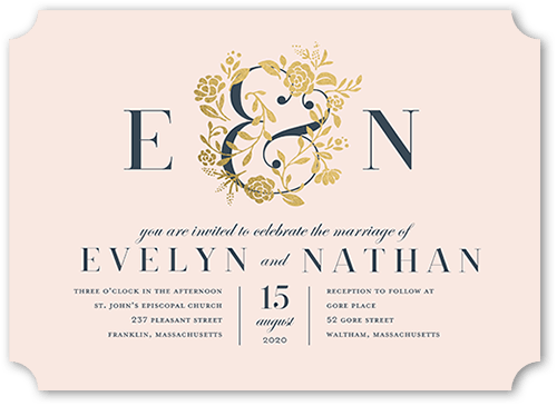 illuminated Bough Wedding Invitation, Gold Foil, Pink, 5x7 Flat, Pearl Shimmer Cardstock, Ticket