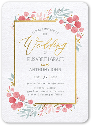 Brushed Botanicals Wedding Invitation, Gold Foil, Pink, 5x7 Flat, Pearl Shimmer Cardstock, Rounded