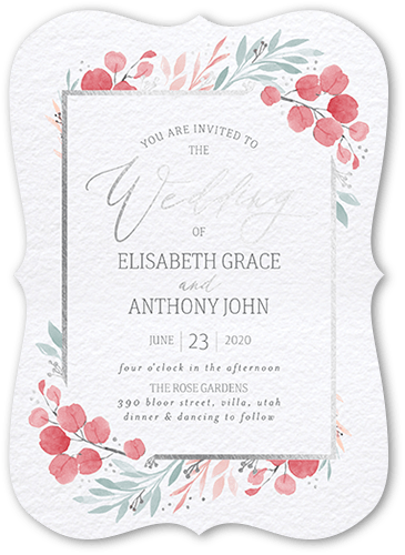 Brushed Botanicals Wedding Invitation, Silver Foil, Pink, 5x7, Matte, Signature Smooth Cardstock, Bracket