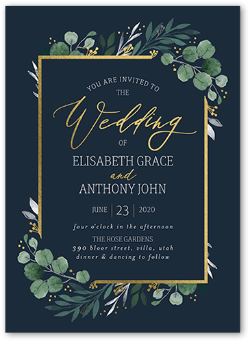 Brushed Botanicals Wedding Invitation, Grey, Gold Foil, 5x7, Matte, Signature Smooth Cardstock, Square