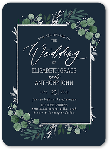 Brushed Botanicals Wedding Invitation, Silver Foil, Grey, 5x7 Flat, Matte, Signature Smooth Cardstock, Rounded, Blue Slate