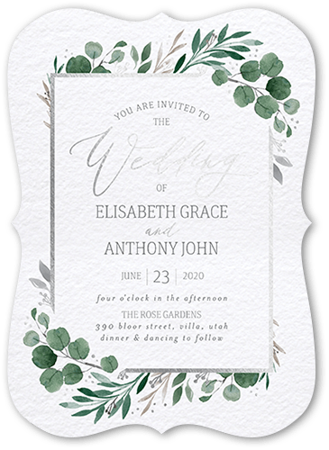 Brushed Botanicals Wedding Invitation, White, Silver Foil, 5x7, Pearl Shimmer Cardstock, Bracket