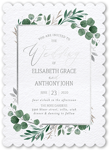 Brushed Botanicals Wedding Invitation, White, Silver Foil, 5x7 Flat, Pearl Shimmer Cardstock, Scallop