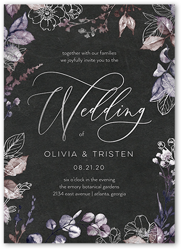 Gleaming Garden Wedding Invitation, Purple, Silver Foil, 5x7 Flat, Matte, Signature Smooth Cardstock, Square