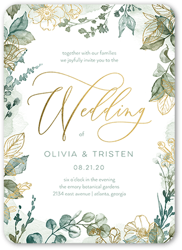 Gleaming Garden Wedding Invitation, Green, Gold Foil, 5x7 Flat, Pearl Shimmer Cardstock, Rounded