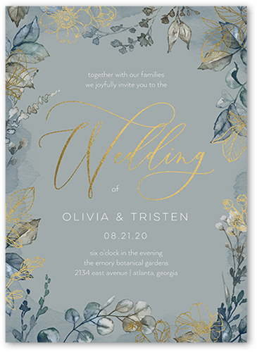 Gleaming Garden Wedding Invitation, Grey, Gold Foil, 5x7 Flat, Pearl Shimmer Cardstock, Square