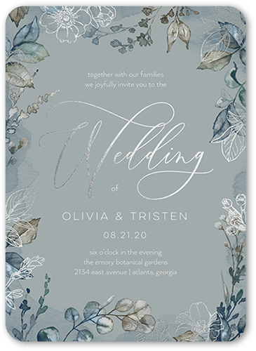Gleaming Garden Wedding Invitation, Grey, Silver Foil, 5x7 Flat, Pearl Shimmer Cardstock, Rounded