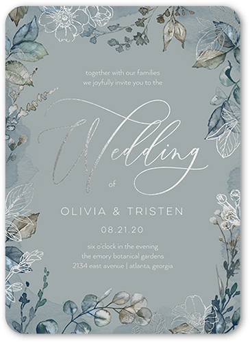 Gleaming Garden Wedding Invitation, Grey, Silver Foil, 5x7 Flat, Matte, Signature Smooth Cardstock, Rounded