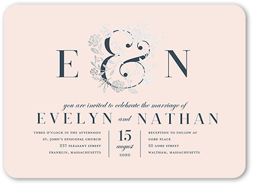 illuminated Bough Wedding Invitation, Pink, Silver Foil, 5x7, Matte, Signature Smooth Cardstock, Rounded