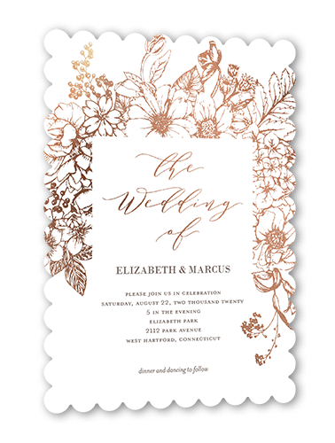 Flowers Abound Wedding Invitation, White, Rose Gold Foil, 5x7 Flat, Pearl Shimmer Cardstock, Scallop