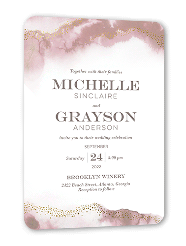 Ocean Waves Wedding Invitation, Grey, Gold Foil, 5x7 Flat, Pearl Shimmer Cardstock, Rounded