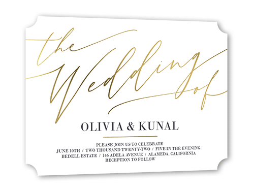 Exciting Script Wedding Invitation, White, Gold Foil, 5x7, Pearl Shimmer Cardstock, Ticket