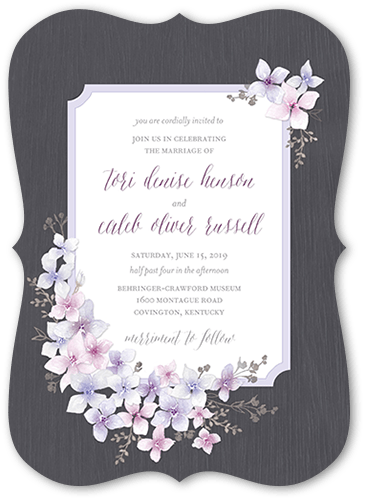 Rustic Wildflowers Wedding Invitation, Purple, 5x7 Flat, Pearl Shimmer Cardstock, Bracket
