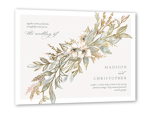 Watercolor Divide Wedding Invitation, Gold Foil, Green, 5x7 Flat, Pearl Shimmer Cardstock, Square