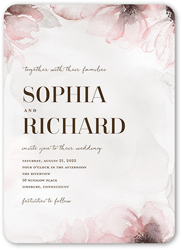 Fine Petals Wedding Invitation, Pink, 5x7 Flat, Pearl Shimmer Cardstock, Rounded