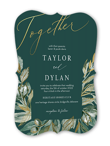 Artfully Adorned Wedding Invitation, Gold Foil, Green, 5x7 Flat, Matte, Signature Smooth Cardstock, Bracket
