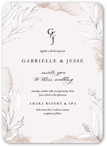 Pictorial Petals Wedding Invitation, Beige, 5x7 Flat, Standard Smooth Cardstock, Rounded