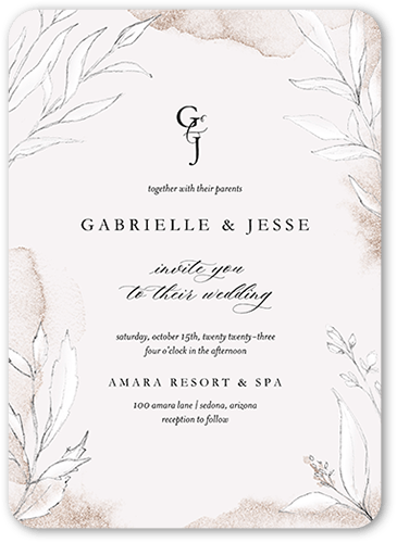 Pictorial Petals Wedding Invitation, Beige, 5x7 Flat, Matte, Signature Smooth Cardstock, Rounded