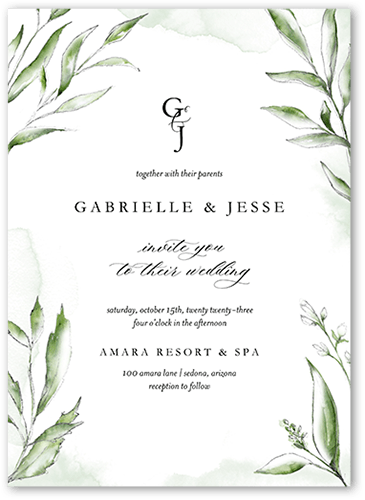 Pictorial Petals Wedding Invitation, Green, 5x7 Flat, Luxe Double-Thick Cardstock, Square