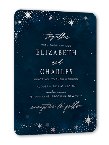 Bright Night Wedding Invitation, Blue, Silver Foil, 5x7 Flat, Pearl Shimmer Cardstock, Rounded