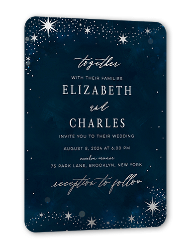 Bright Night Wedding Invitation, Blue, Silver Foil, 5x7 Flat, Pearl Shimmer Cardstock, Rounded, Midnight
