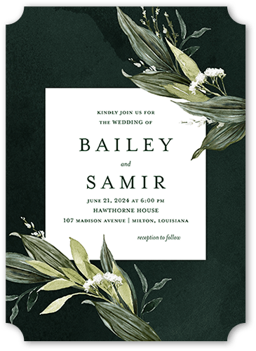Forever Greenery Wedding Invitation, Green, 5x7 Flat, Pearl Shimmer Cardstock, Ticket, White