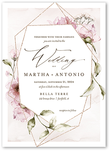 Light Floral Wedding Invitation, Pink, 5x7 Flat, Pearl Shimmer Cardstock, Square