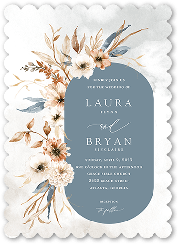 Wild Botanic Wedding Invitation, Grey, 5x7 Flat, Pearl Shimmer Cardstock, Scallop