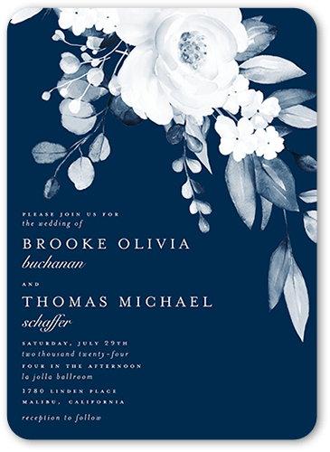 Elegantly Delicate Wedding Invitation, Blue, 5x7 Flat, Pearl Shimmer Cardstock, Rounded, Navy