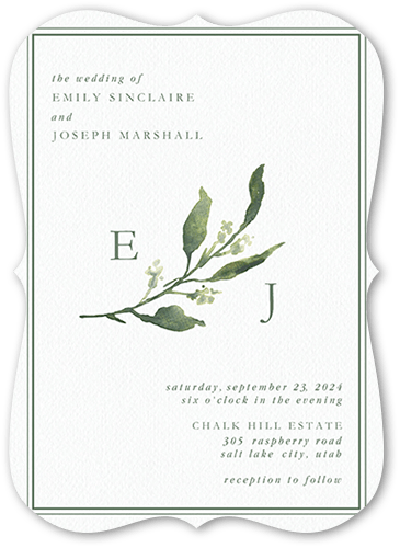 Simple Branches Wedding Invitation, Green, 5x7 Flat, Pearl Shimmer Cardstock, Bracket