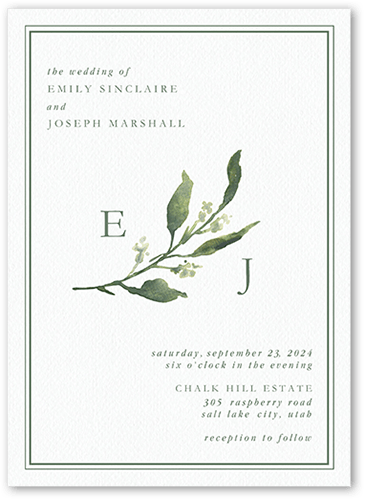 Simple Branches Wedding Invitation, Green, 5x7 Flat, Pearl Shimmer Cardstock, Square