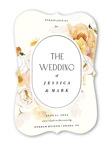 Warm Floral Wedding Invitation, Orange, Silver Foil, 5x7 Flat, Pearl Shimmer Cardstock, Bracket