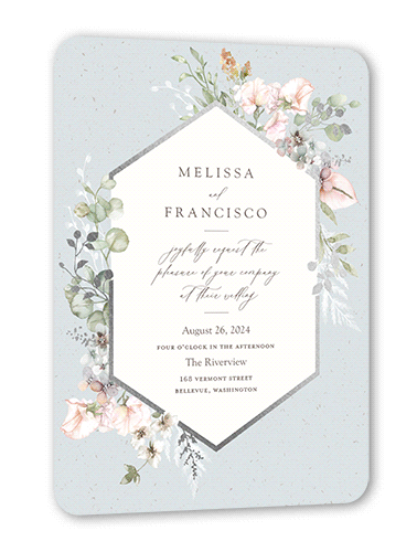 Enchanted Pastels Wedding Invitation, Grey, Silver Foil, 5x7 Flat, Pearl Shimmer Cardstock, Rounded, Air