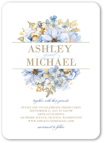 Watercolor Bouquet Wedding Invitation, Blue, 5x7, Pearl Shimmer Cardstock, Rounded