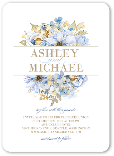 Watercolor Bouquet Wedding Invitation, Blue, 5x7 Flat, Pearl Shimmer Cardstock, Rounded