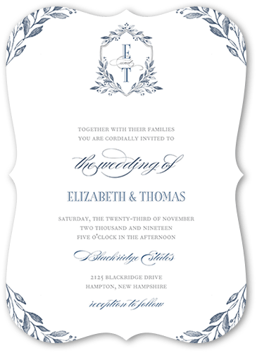 Classic Herald Wedding Invitation, Blue, 5x7 Flat, Pearl Shimmer Cardstock, Bracket