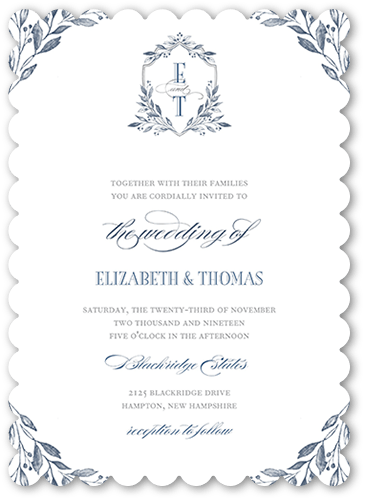 Classic Herald Wedding Invitation, Blue, 5x7 Flat, Matte, Signature Smooth Cardstock, Scallop