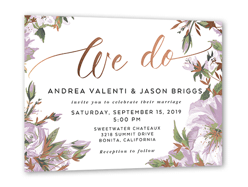 Crisp Petals Wedding Invitation, Purple, Rose Gold Foil, 5x7, Pearl Shimmer Cardstock, Square