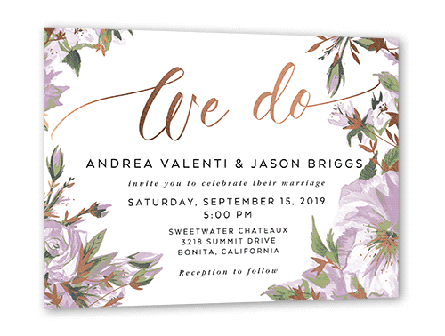 Crisp Petals Wedding Invitation, Purple, Rose Gold Foil, 5x7 Flat, Luxe Double-Thick Cardstock, Square