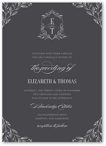 Classic Herald Wedding Invitation, Grey, 5x7 Flat, Matte, Signature Smooth Cardstock, Square