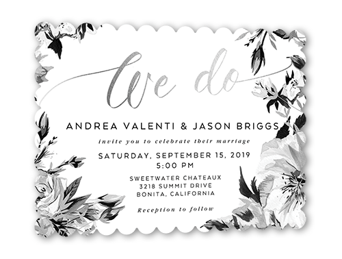 Crisp Petals Wedding Invitation, Grey, Silver Foil, 5x7, Matte, Signature Smooth Cardstock, Scallop