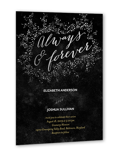 Dazzling Flare Wedding Invitation, Black, Silver Foil, 5x7 Flat, Luxe Double-Thick Cardstock, Square